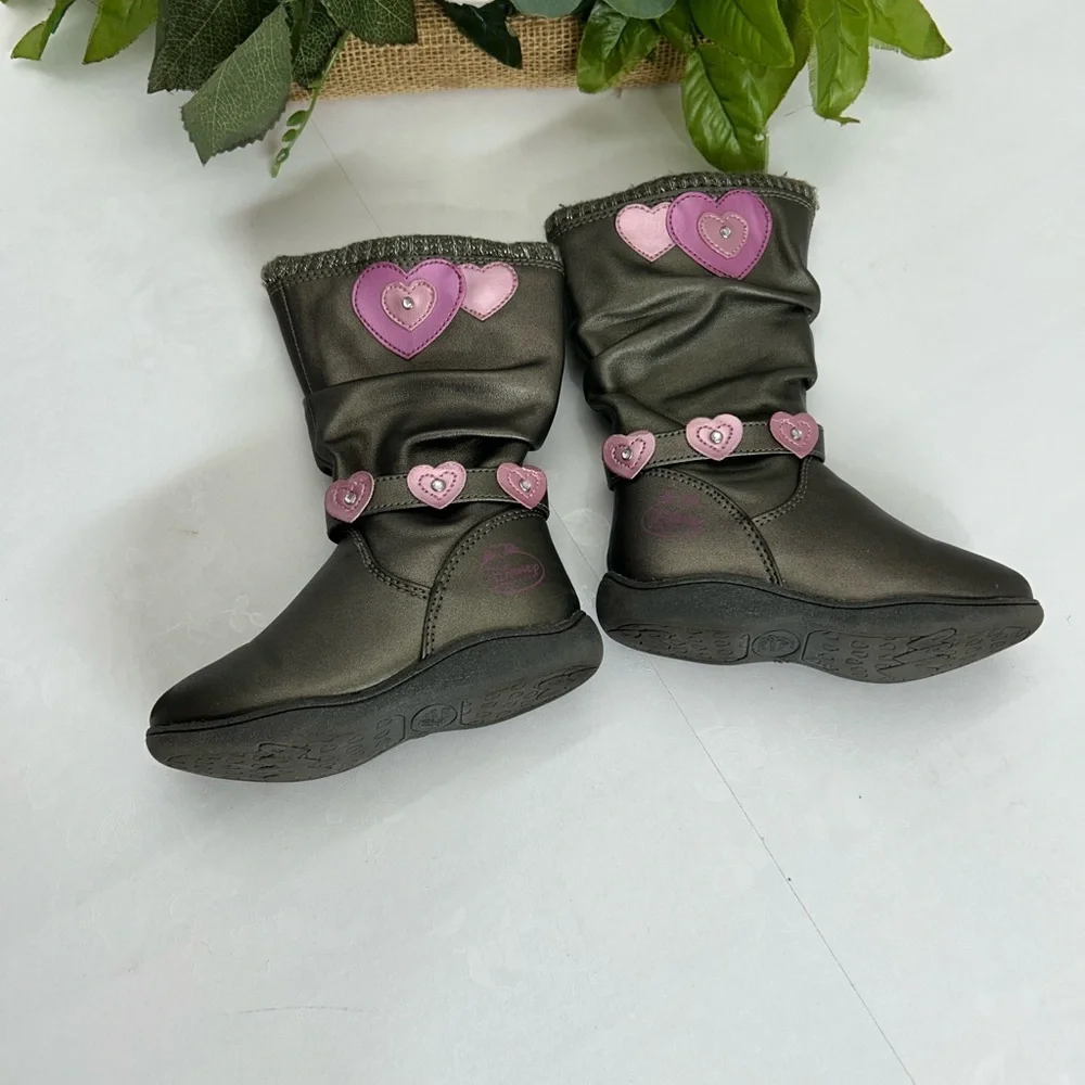 Black Kids Boots with Pink Heart Accents